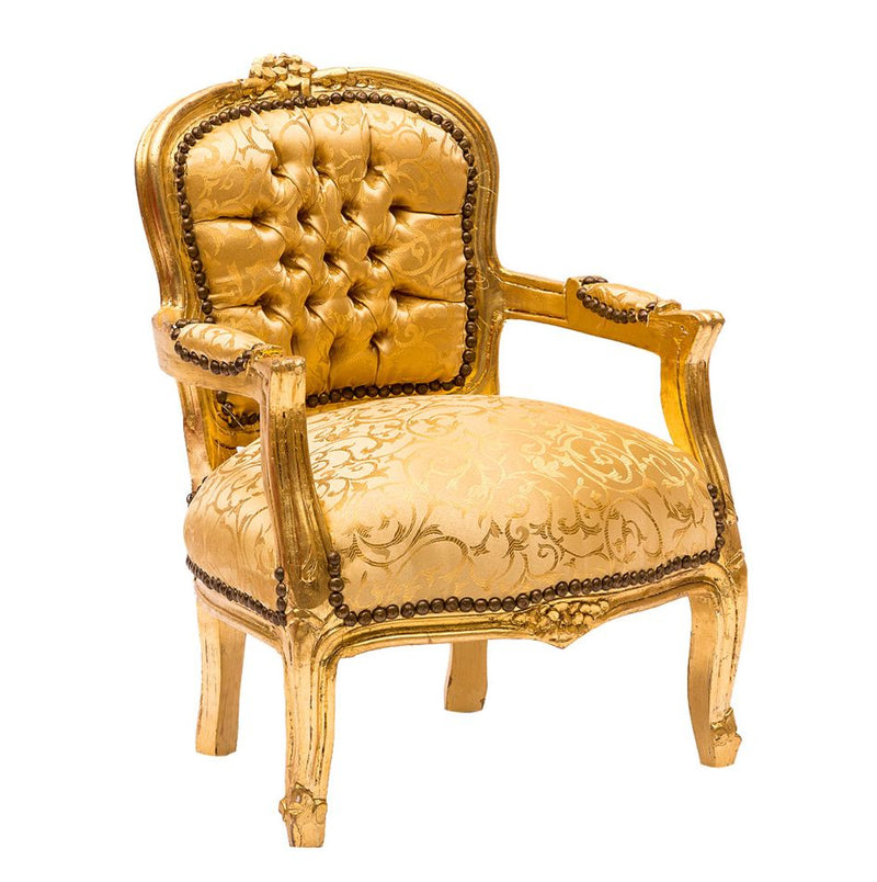 Poltrona bimbo barocco in legno color oro seduta in tessuto damascato