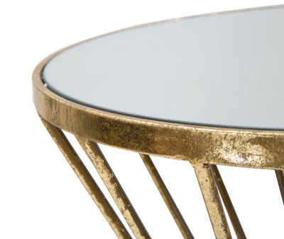 Tavolino tondo porta telefono design in metallo dorato piano con specchio cm Ø 35x71h