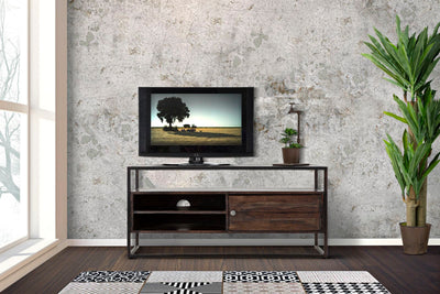 Mobile porta tv stile industrial in metallo e legno di acacia cm 120x40x55h