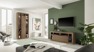 Viler - Porta tv moderno con anta a ribalta e vani a giorno rovere cm 172x42x66h