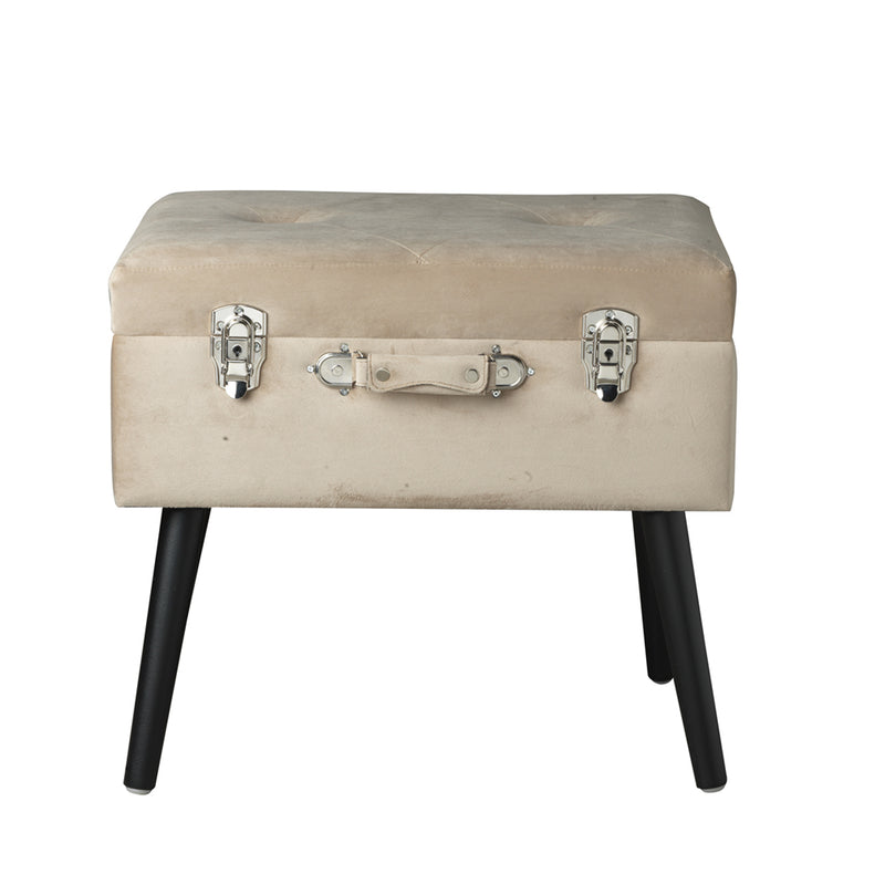 pouf contenitore forma a valigia in legno e velluto colore beige