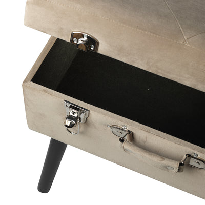 pouf contenitore forma a valigia in legno e velluto colore beige
