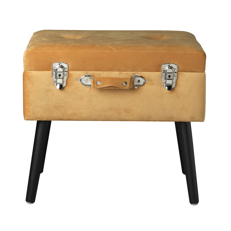 pouf contenitore forma a valigia in legno e velluto colore ocra