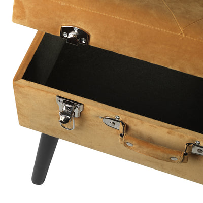 pouf contenitore forma a valigia in legno e velluto colore ocra