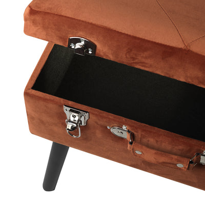 pouf contenitore forma a valigia in legno e velluto colore rosso cognac