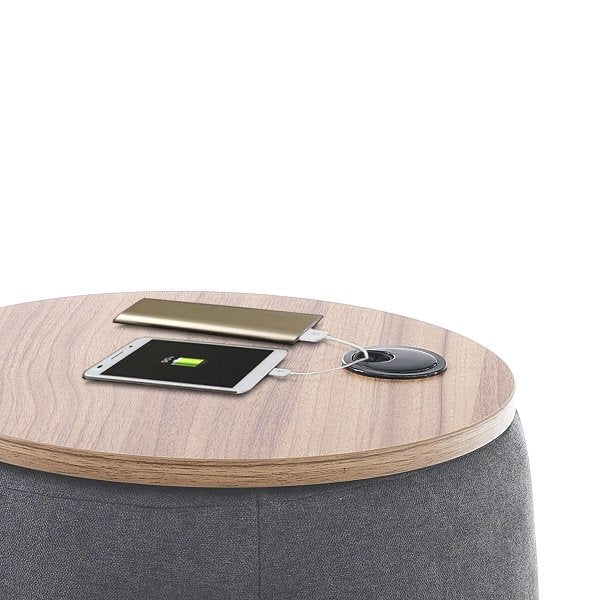 Pouf imbottito contenitore con piano in legno con foro passa cavi cm ø 40x45h - vari colori