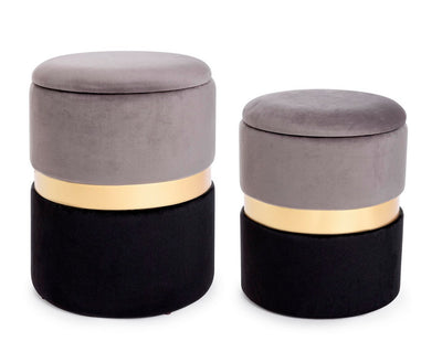 set da 2 pouf contenitore in velluto anello centrale in acciaio