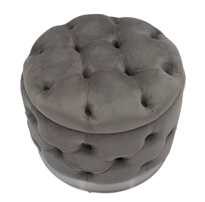 Pouf tondo contenitore imbottito rivestito in velluto grigio lavorazione capitonnè cm Ø 55x42h