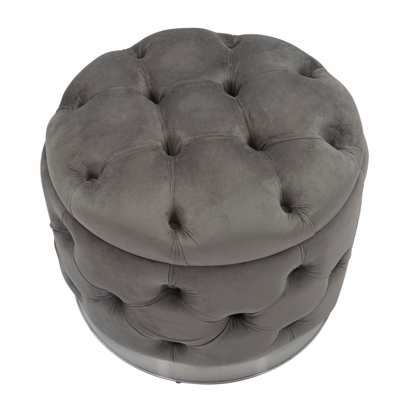 Pouf tondo contenitore imbottito rivestito in velluto grigio lavorazione capitonnè cm Ø 55x42h