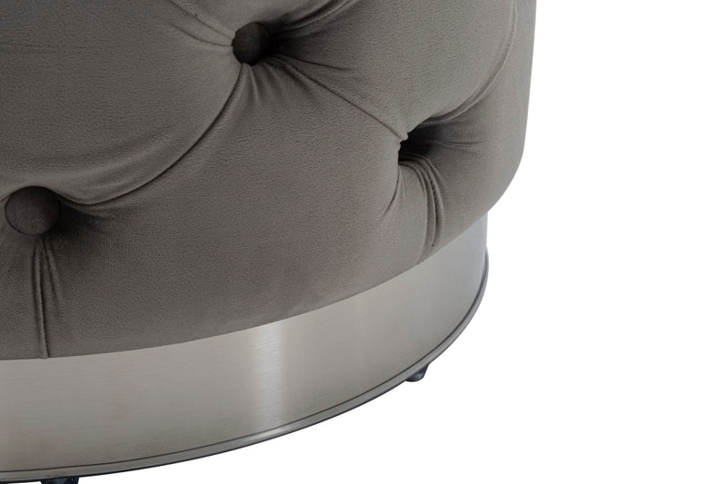 Pouf tondo contenitore imbottito rivestito in velluto grigio lavorazione capitonnè cm Ø 55x42h