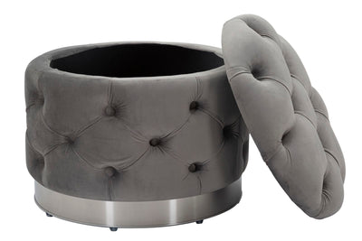 Pouf tondo contenitore imbottito rivestito in velluto grigio lavorazione capitonnè cm Ø 55x42h
