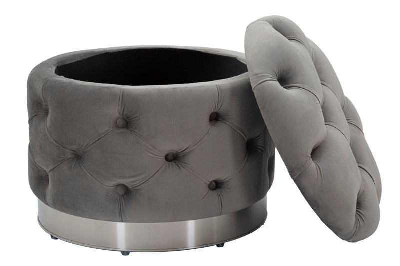 Pouf tondo contenitore imbottito rivestito in velluto grigio lavorazione capitonnè cm Ø 55x42h