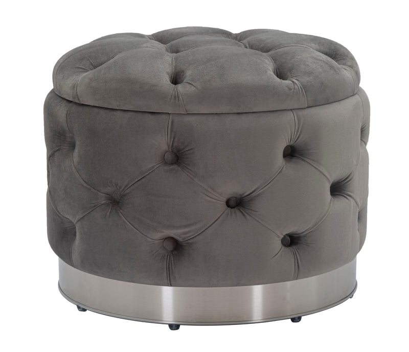 Pouf tondo contenitore imbottito rivestito in velluto grigio lavorazione capitonnè cm Ø 55x42h