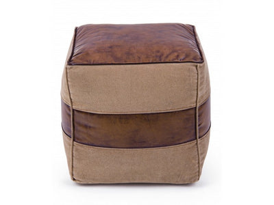 Pouf quadrato rivestito in tela e pelle stile vintage cm 40x40x40h