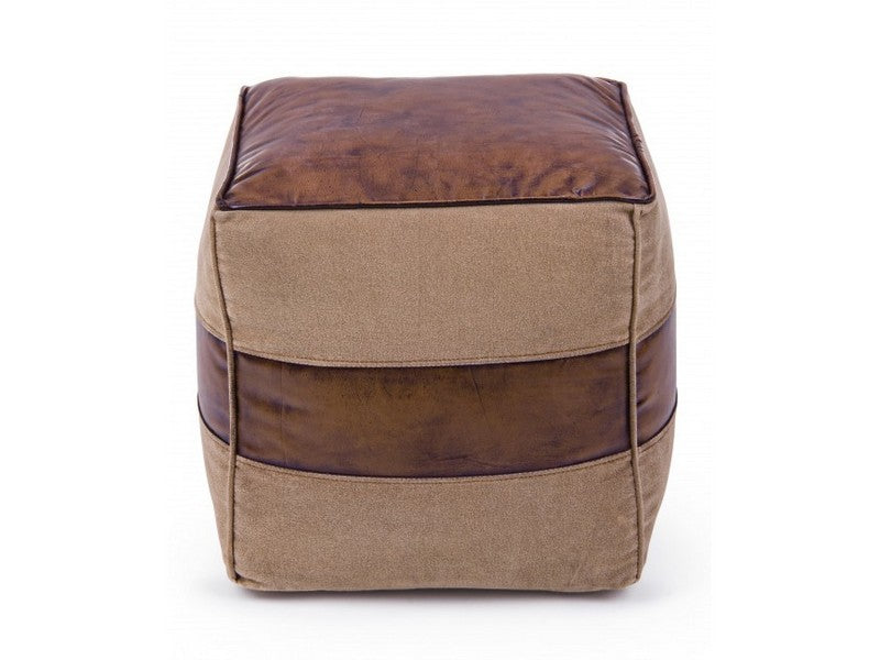 Pouf quadrato rivestito in tela e pelle stile vintage cm 40x40x40h