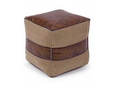 Pouf quadrato rivestito in tela e pelle stile vintage cm 40x40x40h