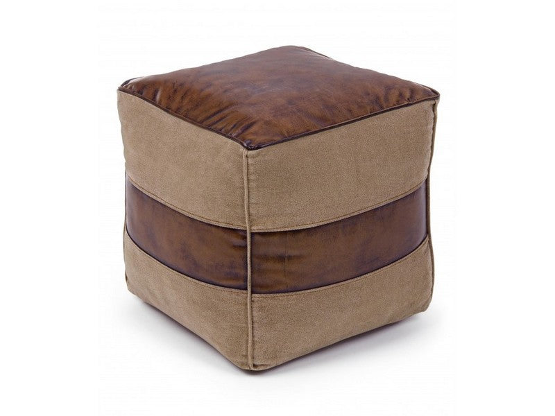 Pouf quadrato rivestito in tela e pelle stile vintage cm 40x40x40h