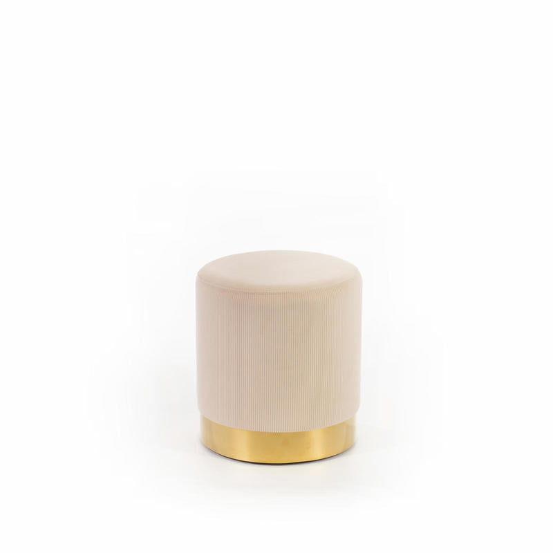 pouf moderno cilindro base in metallo dorato in velluto a coste panna