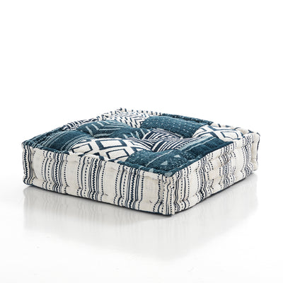 Pouf imbottito moderno quadrato in cotone fantasia blu e bianco cm 50x50x12h