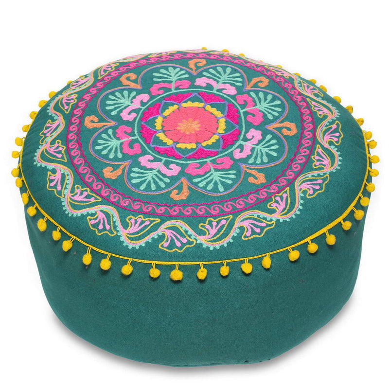 Pouf rotondo stile etnico in tessuto colore verde con ricamo cm Ø 50x25h
