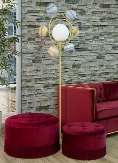 pouf con contenitore tondo in velluto bordeaux