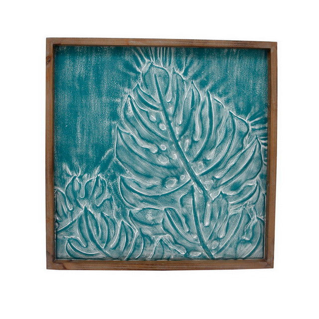 Quadro pannello in legno e metallo con foglie colore blu cm 65x4x65h