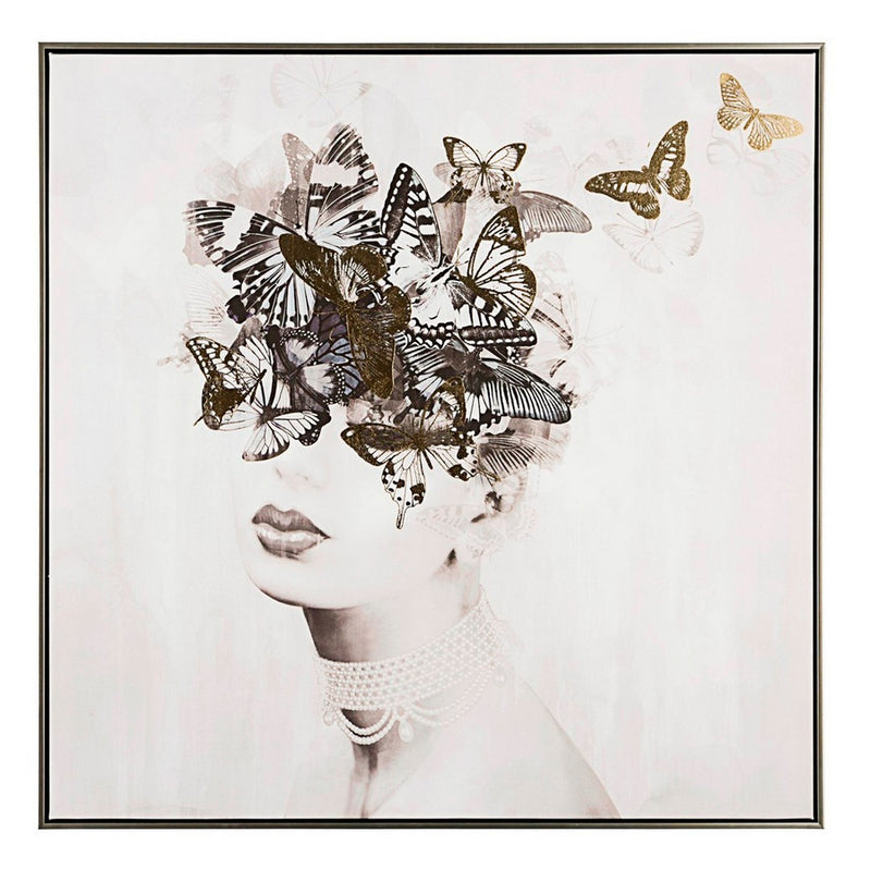 Quadro design moderno con dipinto su tela donna e farfalle cm 82x4x82h