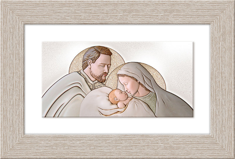 Quadro rettangolare in legno massello e ceramica tema Sacra Famiglia cm 42x62