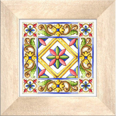 Set da 4 quadro vintage rilievo in ceramica cornice in legno massello beige cm 29x29
