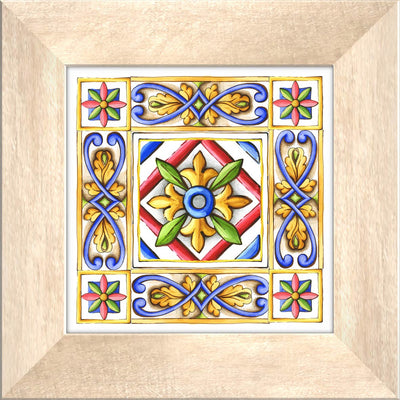 Set da 4 quadro vintage rilievo in ceramica cornice in legno massello beige cm 29x29