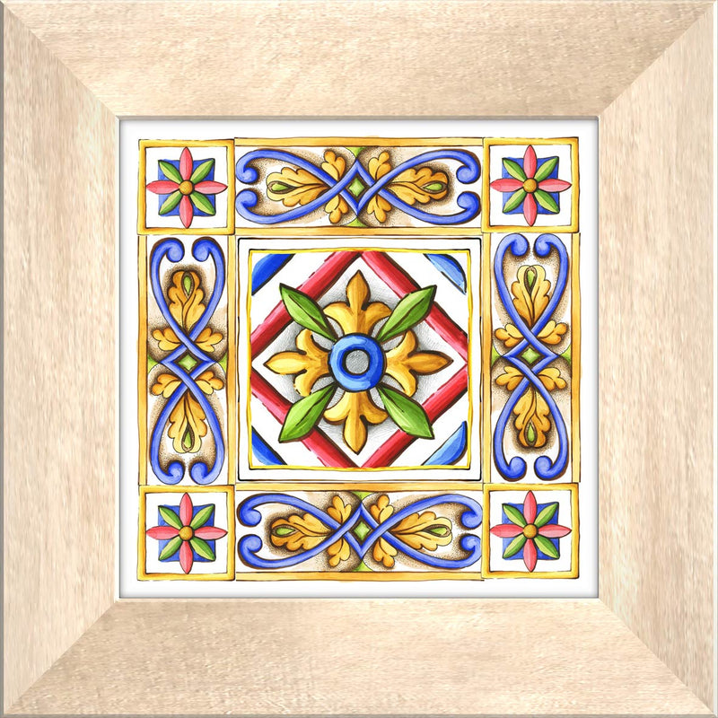 Set da 4 quadro vintage rilievo in ceramica cornice in legno massello beige cm 29x29