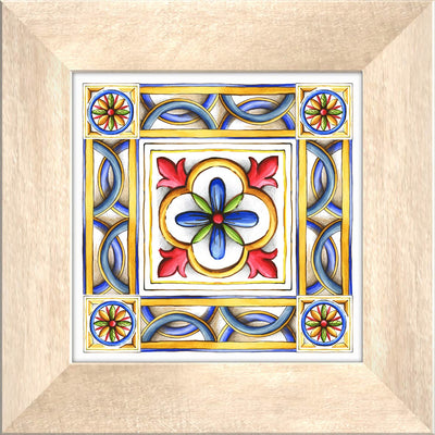 Set da 4 quadro vintage rilievo in ceramica cornice in legno massello beige cm 29x29