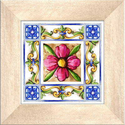 Set da 4 quadro vintage rilievo in ceramica cornice in legno massello beige cm 29x29