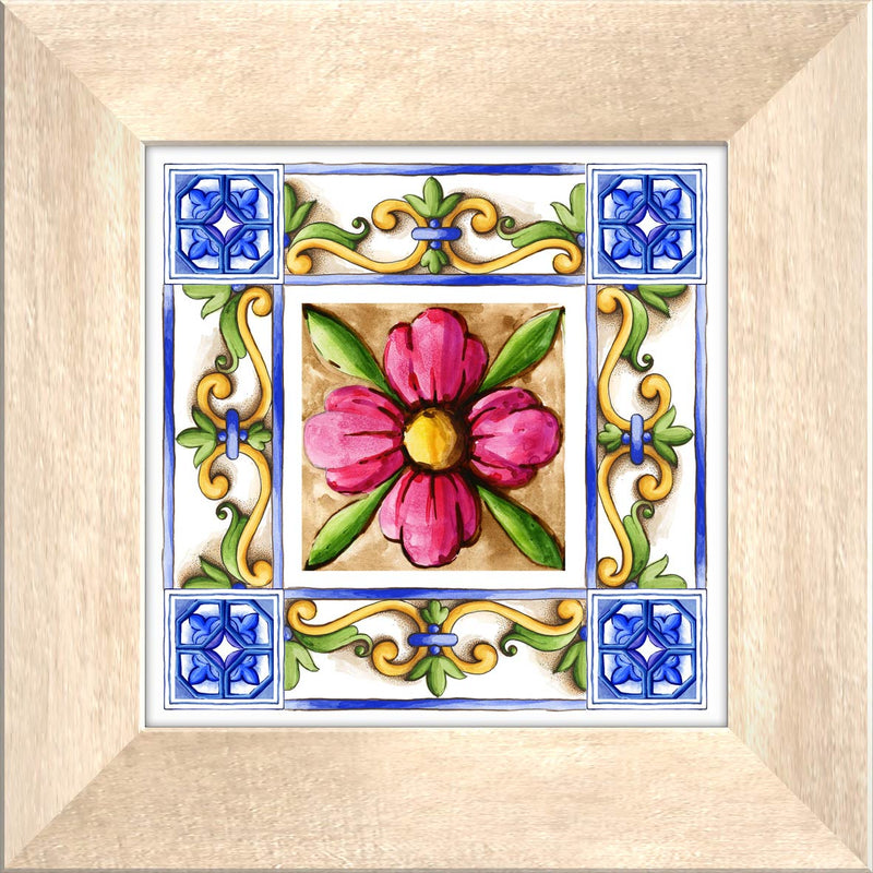 Set da 4 quadro vintage rilievo in ceramica cornice in legno massello beige cm 29x29