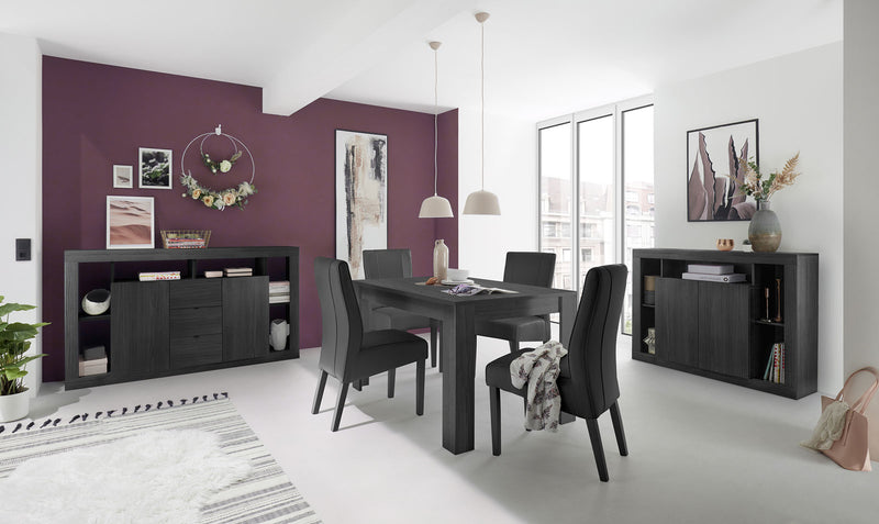 sala moderna da pranzo con tavolo allungabile 2 madie in legno nero frassinato