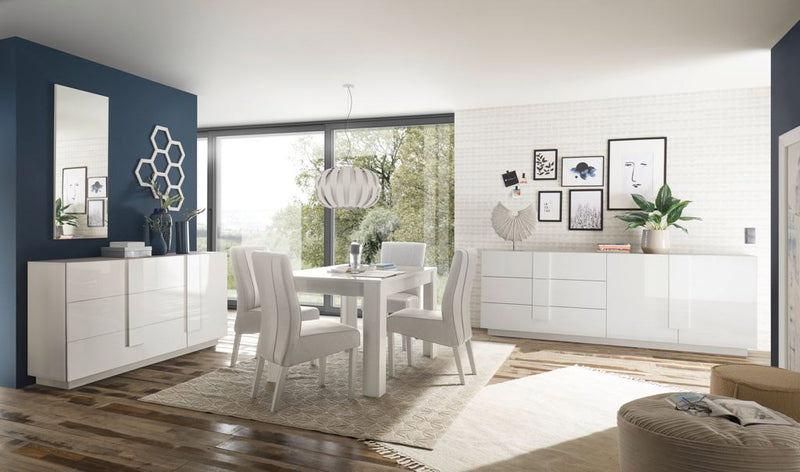 Chiarelle - Credenza design con 3 cassetti e anta in legno bianco lucido cm 182x44x90h