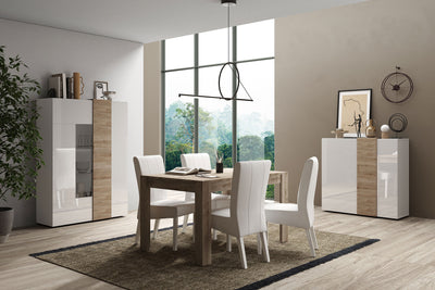 sala completa design moderno con tavolo allungabile vetrina credenza bianco lucido e rovere chiaro