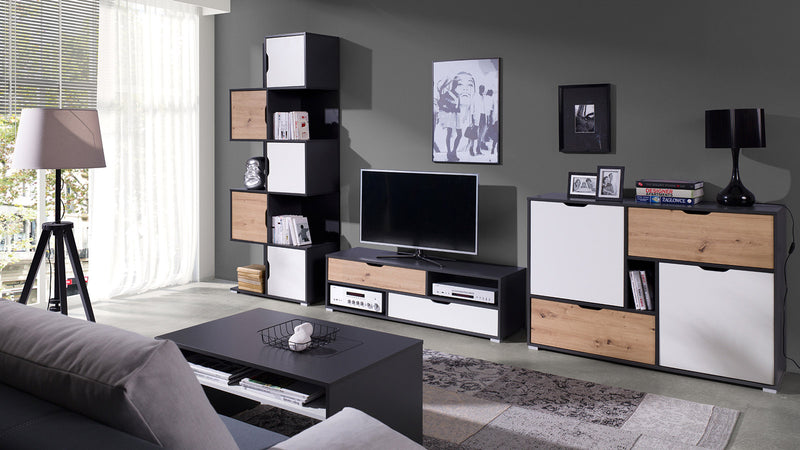 Edmond - Mobile porta tv basso in legno grafite bianco opaco e naturale cm 135x40x40h