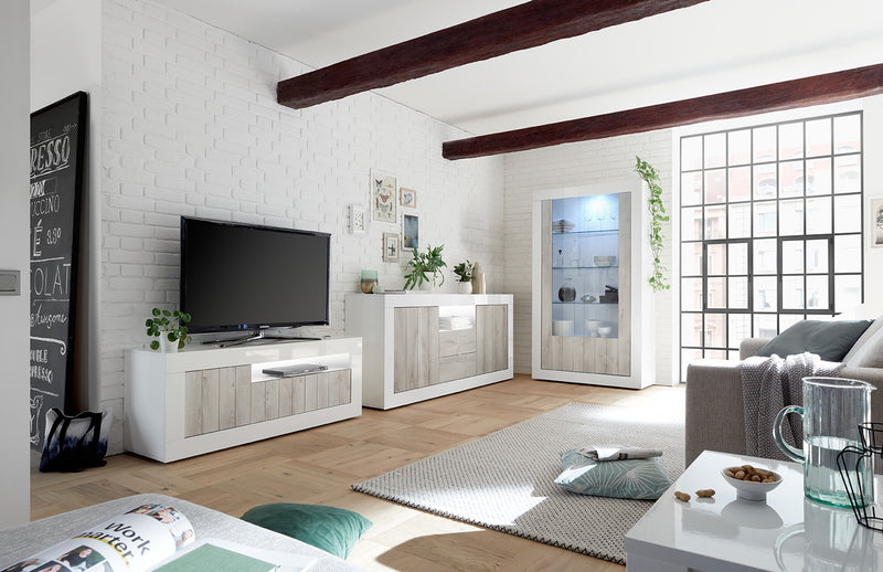salotto moderno completo mobile tv vetrina e madia bianco lucido e pino bianco
