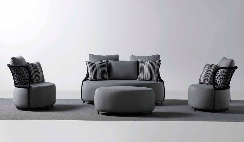 Salotto da esterno moderno divano poltrone e pouf in tessuto colore grigio