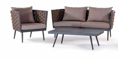 Salotto moderno per esterno con divano 2 poltrone e tavolino in alluminio e corda