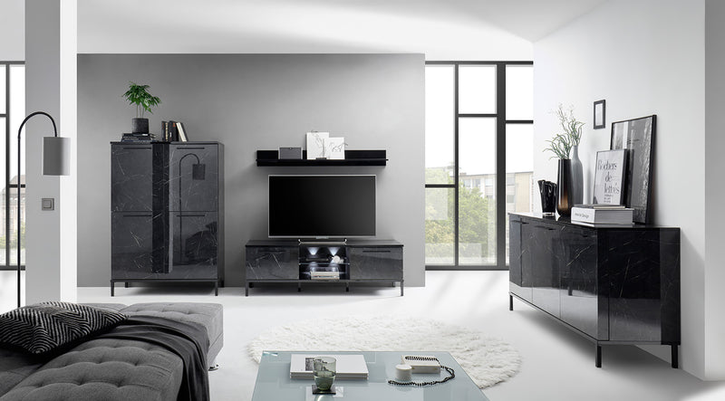 Elfride - Madia mobile 3 ante per salotto moderno finitura marmo nero cm 156x50x86h