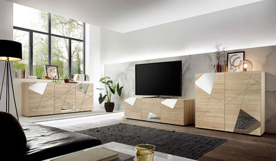 Dominik - Mobile porta tv 3 ante in legno rovere frontale serigrafato con specchi cm 181x42x57h