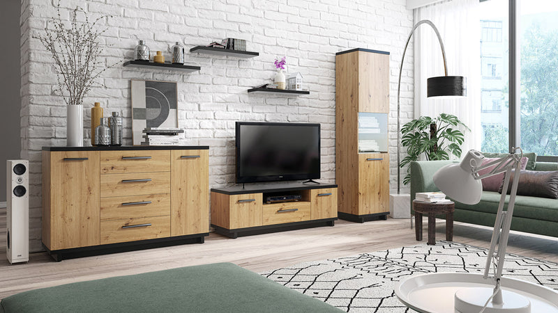 Jason - Mobile porta tv basso stile industriale in legno nero e naturale cm 135x40x46h