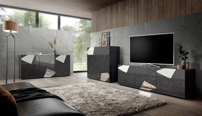 Dumas - Mobile porta tv in legno grigio lucido 3 ante con specchi cm 181x42x57h
