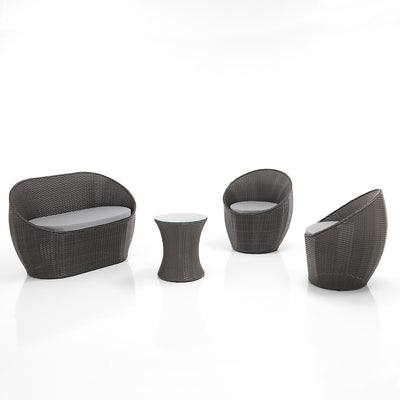 Salotto da esterno in polyrattan marrone con divano poltrone e tavolino