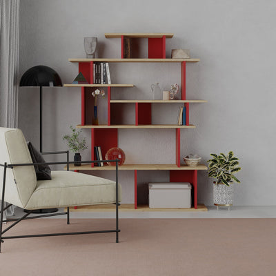 Libreria moderna asimmetrica alta in legno bicolore cm 120x29x149h - vari colori