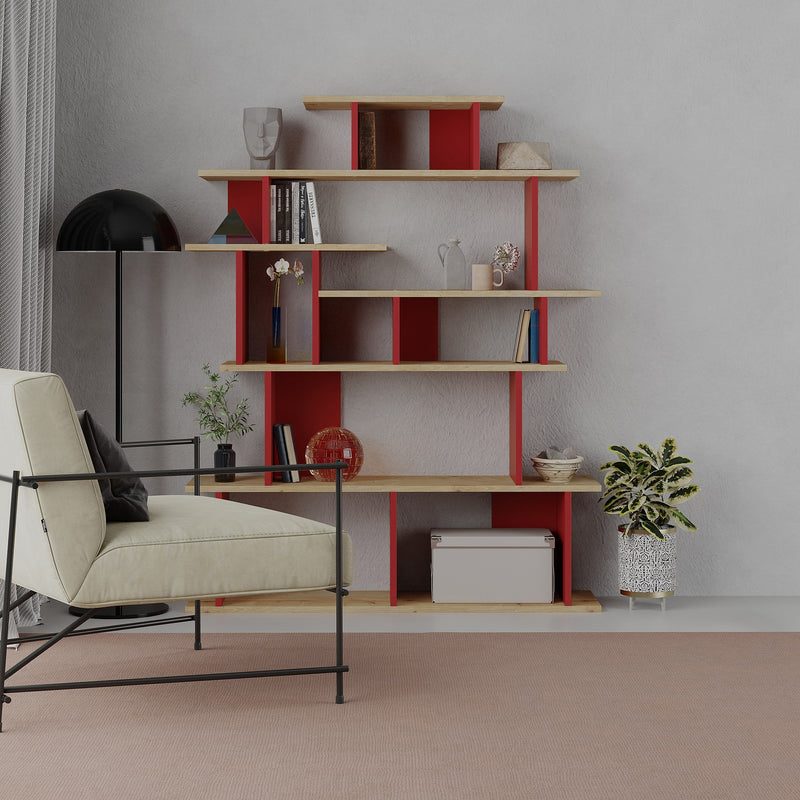 Libreria moderna asimmetrica alta in legno bicolore cm 120x29x149h - vari colori