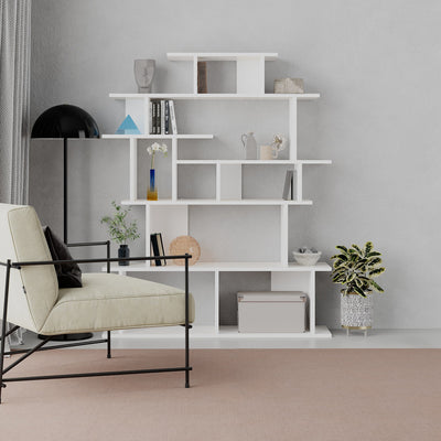 Libreria moderna asimmetrica alta in legno bicolore cm 120x29x149h - vari colori