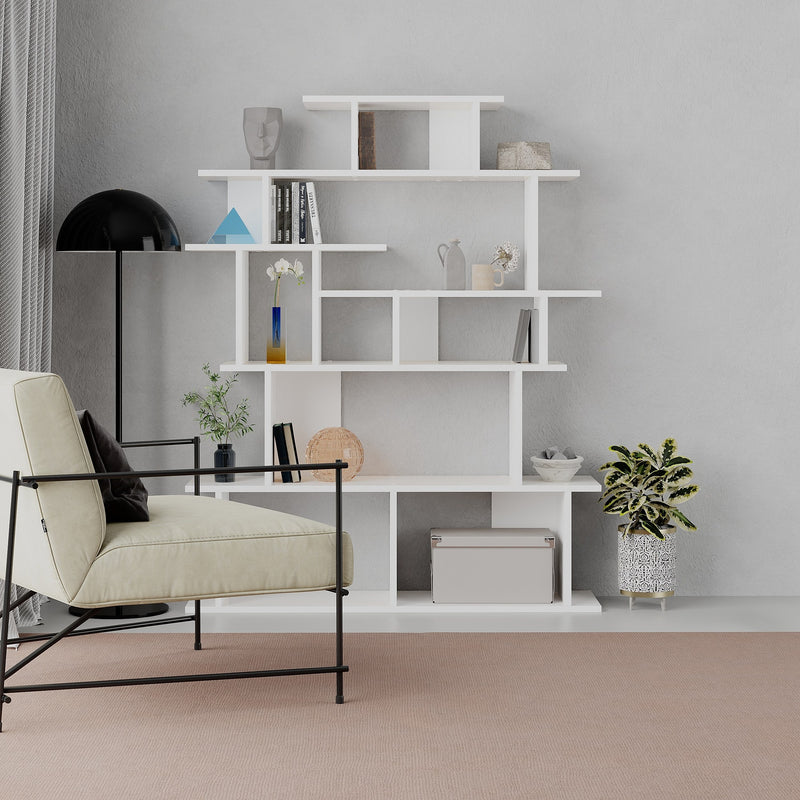 Libreria moderna asimmetrica alta in legno bicolore cm 120x29x149h - vari colori